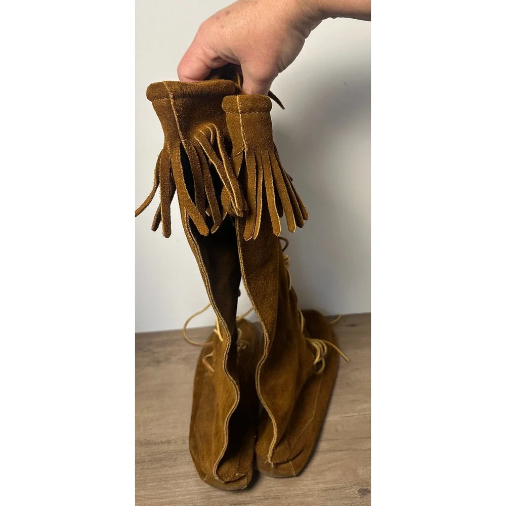 Vintage Suede Leather Fringe Lace Up Tall Moccasin Boots Women's Size 9 Brown‎